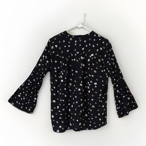 Loft Blouse Small Black Floral Pleated Bell Sleeve Lightweight Pheasant - Picture 2 of 6